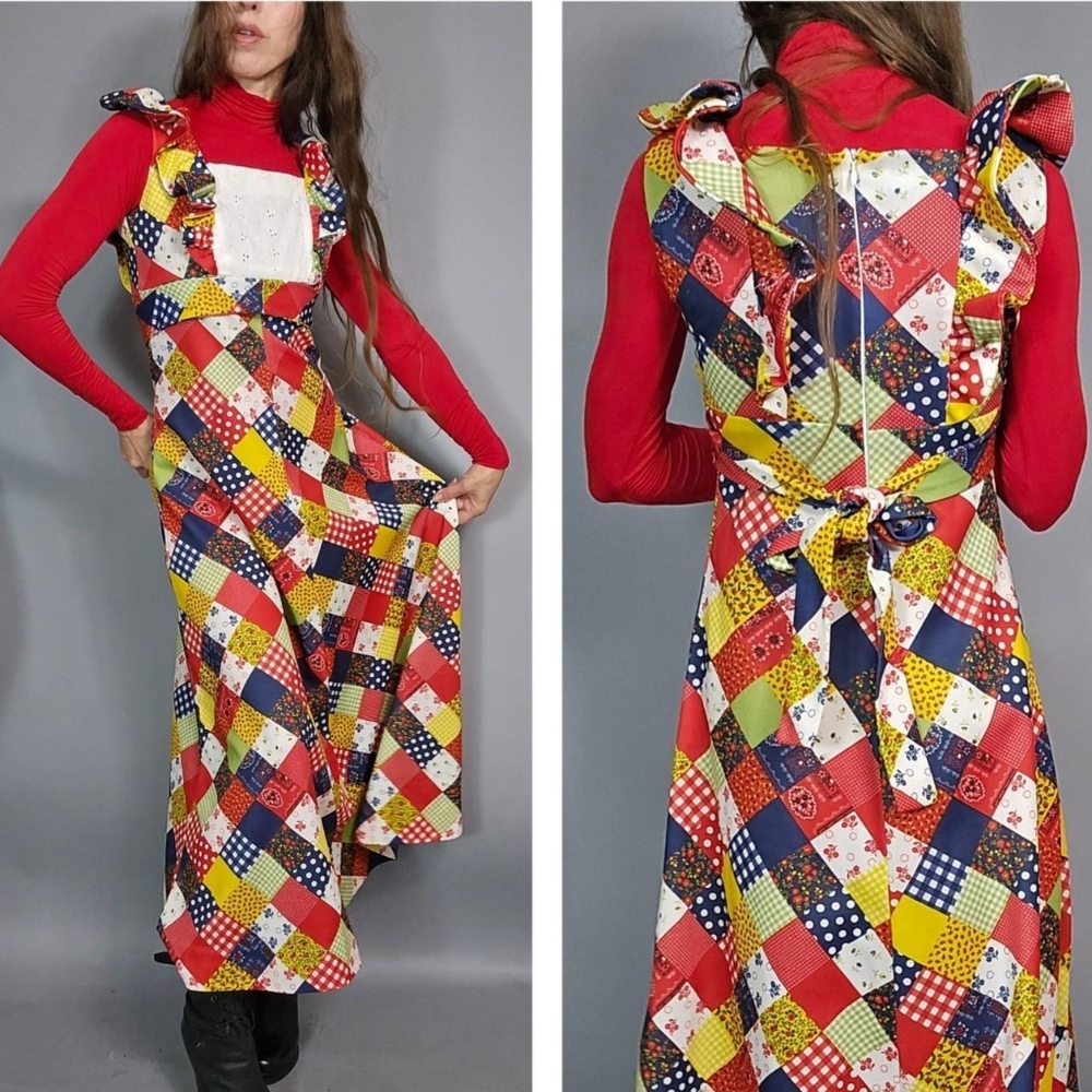 Vintage 70s Polyester Patchwork Pinafore Dress Xs - image 5